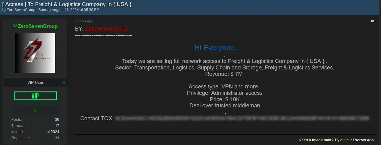 Logistics Giant Targeted: Network Access Sold on Dark Web for $10K