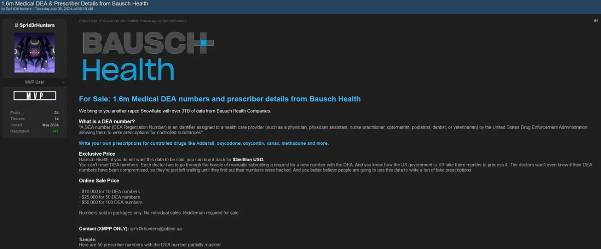 Bausch Health Data Breach Exposes 1.6 Million DEA Numbers