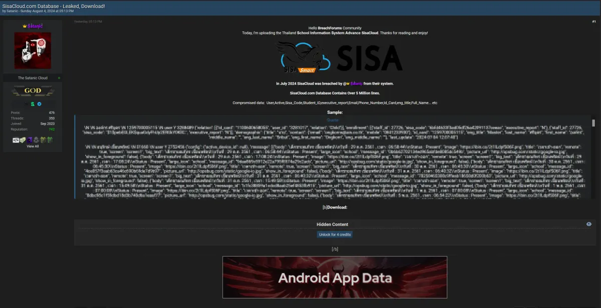 Thailand's SisaCloud Hacked: Personal Data of Students and Staff Leaked