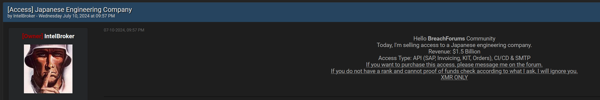 IntelBroker Strikes Again: $1.5 Billion Japanese Engineering Firm Breached