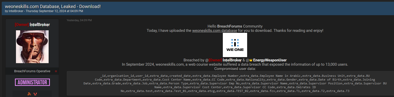 Another educational platform down. Weoneskills.com just got hit, exposing personal and employment data of 13,000 users.