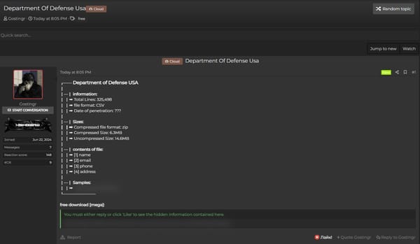 [Unverified] Massive Data Breach Claims Targeting Department of Defense: Over 325,000 Records