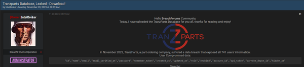 TranzParts Database Leak Exposes 741 Users' Information