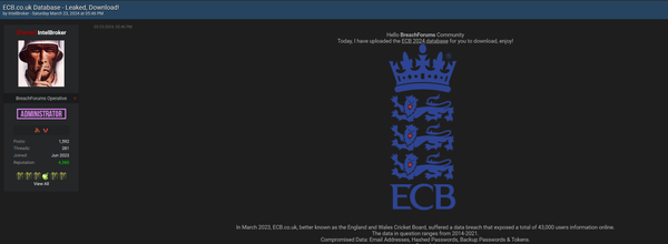 England and Wales Cricket Board (ECB) Hit by Major Data Breach: 43,000 Users Affected