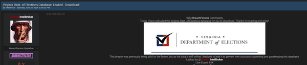 Virginia Department of Elections Database Leaked: 65,000 Voter Records Exposed by IntelBroker